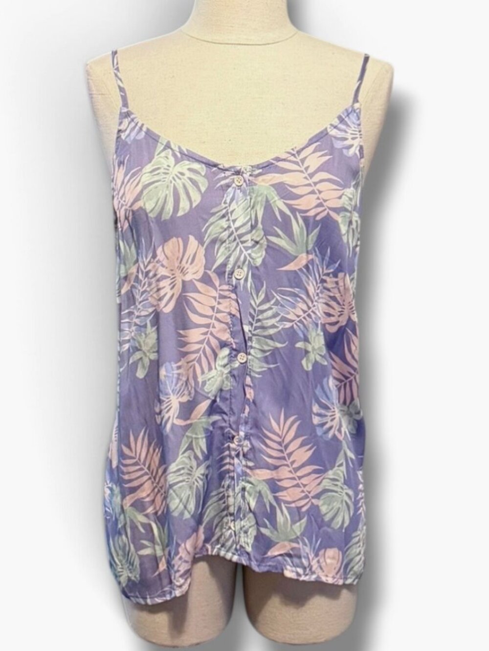 Tropical Palm Leaf Button Down Camisole Tank Top Small Blue Grey